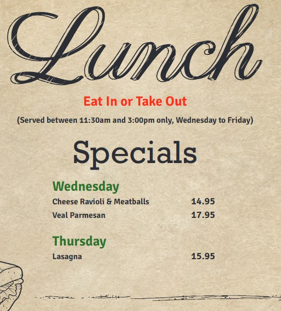 Lunch & Dinner Specials  Bronzies, authentic Italian restaurant, Hamilton  Ontario